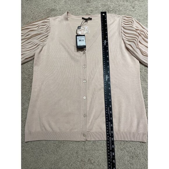 Adrianna Papell Cardigan Sweater Sheer Pleated Sleeves Pearl Blush Sz M Romantic - Picture 9 of 13